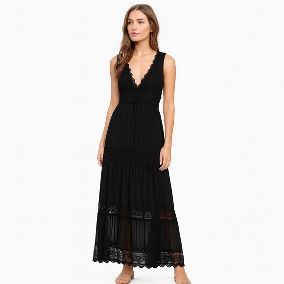 Sweet Lovely by Jen Maxi Dress Black Cochet Surplice Babydoll Empire V Neck Sz L - Picture 1 of 9